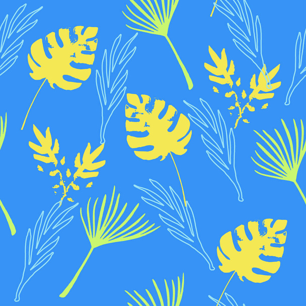 Hipster Tropical Vector Seamless Pattern. Bemalte Floral Hintergrund. Monstera Feather Dandelion Banana Leaves Tropical Seamless Pattern. Kühle Sommerstoffe. Elegantes Männerhemd Weiblich Kleid Textur. - Vektor, Bild