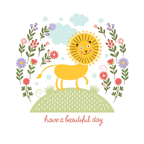 Cute lion and flowers - Vector, afbeelding