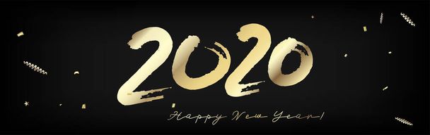 2020 Gold VIP Horizontal Wide Vector Banner. New Year, Christmas Music Party Ornament. Graffiti Teal Hand Painted Brush Stroke Winter Celebration Template. 2020 Trendy Funky New Year Ad Cover - Vector, Image