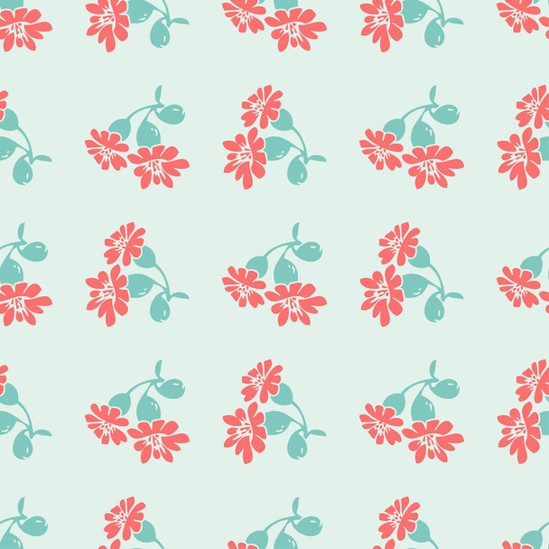 手描きの花の赤い花と青の枝、花のシームレスなパターン抽象的な背景の壁紙ベクトル。グラフィックデザインプリント用ラインアート植物イラスト。流行の自然色パステルブルー - ベクター画像