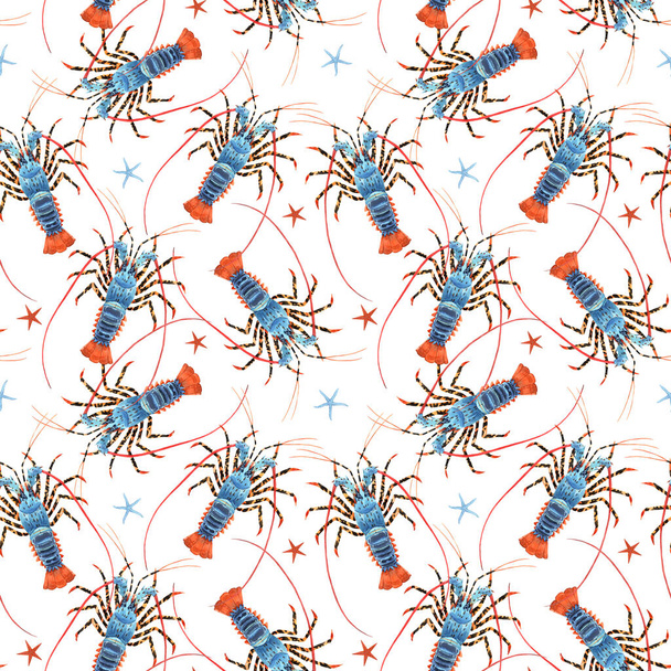 Beautiful seamless sea life pattern with watercolor hand drawn rainbow lobster. Stock illustration. - Фото, изображение
