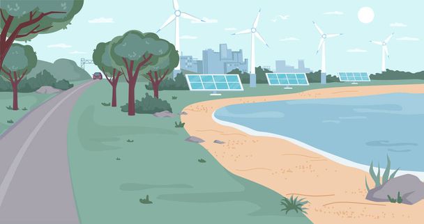 エコシティ、海のビーチの再生可能エネルギー源 - ベクター画像