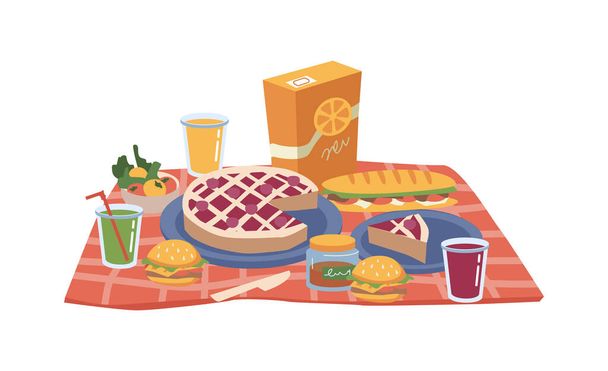 Cibo da picnic su coperta, torta, panini e succo di frutta - Vettoriali, immagini