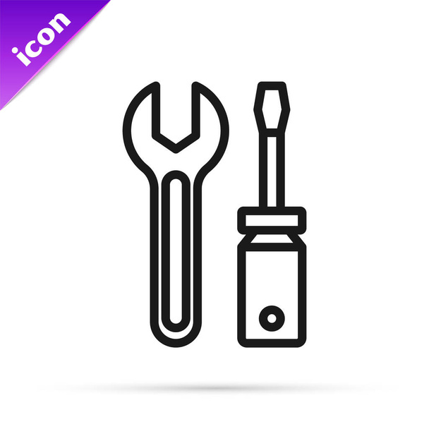 Línea negra Destornillador y llave llave inglesa icono de herramientas aisladas sobre fondo blanco. Símbolo herramienta de servicio. Vector. - Vector, Imagen