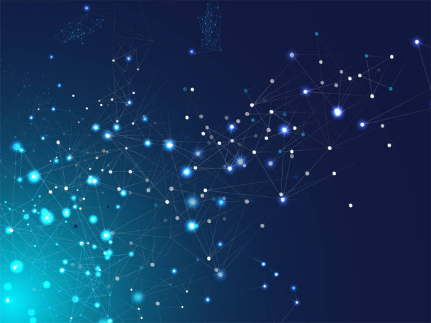 Galaxy Net Computing Design, Universe Star Sky. Blue Technology Space, Internet Cyberspace Data Concept (en inglés). Big Data Information, Polygonal Triangular Nodes. Nodos de Plexo Vinculados Fondo de Vector. - Vector, imagen