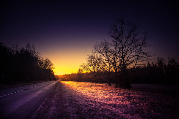 Un hermoso paisaje con un camino rural en la mañana brumosa durante el amanecer. Paisaje matutino de una carretera en espolvoreo. Norte de Europa. - Foto, Imagen