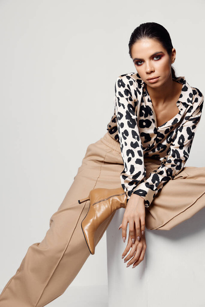 barna egy leopárd ing pózol egy könnyű háttér - Fotó, kép
