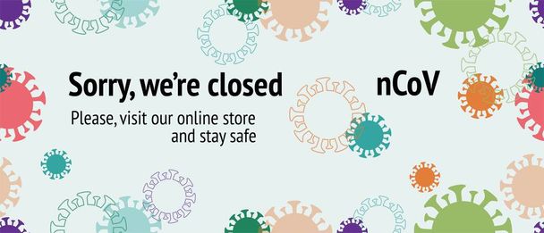Closed due to nCoV, Visit Our Online Shop. Seamless Corona Virus Pattern. Flat Cartoon Coronavirus Medical Design. Closed due to nCoV, Visit Our Online Shop. Virus Protection Flat Corona Web Page. - Vector, Image