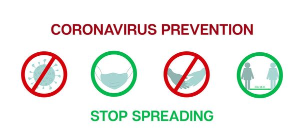 Stop het Coronavirus Cartoon nCoV 19 Vector Banner. COVID-19 Preventie Infographic. Stop het Coronavirus Quarantaine Ontwerp. Virusbescherming overleefde platte cartoon. Corona Virus Sociale Afstand Banner - Vector, afbeelding