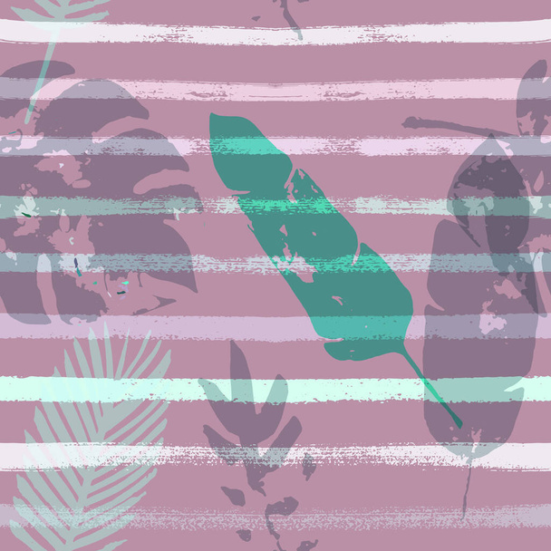 Patrón sin costura vectorial de rayas marineras, impresión floral exótica de color caqui verde marrón. La selva acuarela deja tela de otoño. Childrens Grunge Background. Textil exótico tropical sin costura - Vector, imagen