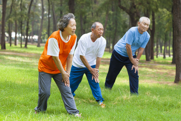 Старі люди розігріваються перед бігом у парку
 - Фото, зображення