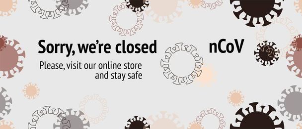 Κλειστό λόγω του nCoV, επισκεφθείτε το ηλεκτρονικό μας κατάστημα. Επίπεδη Cartoon Coronavirus Ιατρικός Σχεδιασμός. Απρόσκοπτη κορόνα Ιού Υφή. Κλειστό λόγω του nCoV, επισκεφθείτε το ηλεκτρονικό μας κατάστημα. Ιός προστασία επίπεδη Corona ιστοσελίδα. - Διάνυσμα, εικόνα