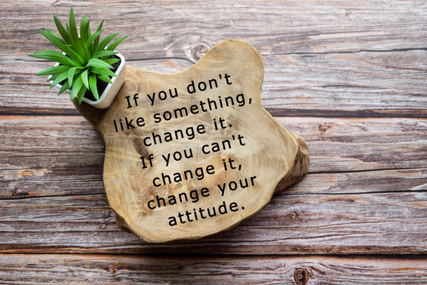 Motivationszitat auf Holztafel mit Topfpflanze auf Holzgrund geschrieben - Wenn Ihnen etwas nicht gefällt, ändern Sie es, wenn Sie es nicht ändern können, ändern Sie Ihre Einstellung - Foto, Bild