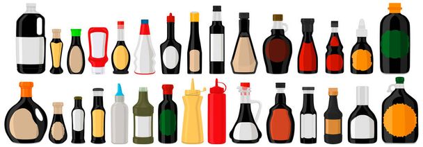 Ілюстрація на тему великого набору різноманітних скляних пляшок, наповнених рідким бальзамічним оцтом. Пляшки, що складаються з бальзамічного оцту, порожні етикетки для назв. Оцет бальзамічний в повному флаконі з пластиковою пробкою
 - Вектор, зображення