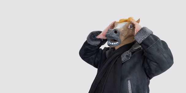 людина в масці для коней. вибірковий фокус. коня носить пальто. чоловічий стад. банер, місце для копіювання
 - Фото, зображення