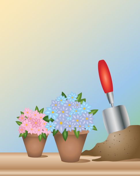 An illustration of two pots of flowers with a garden trowel and compost - Vector, imagen