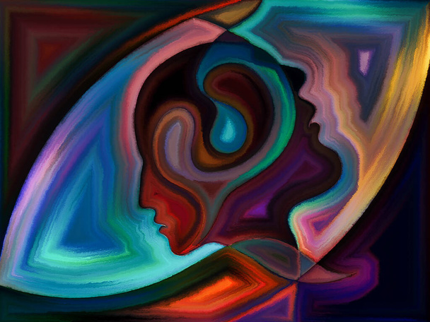 Diseño pintado vibrante de cabezas humanas sobre el tema de la relación humana. - Foto, Imagen