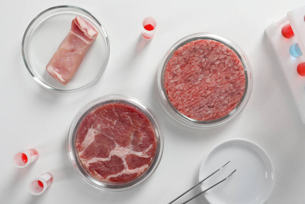 Samples of cultured meats on white lab table, flat lay - Φωτογραφία, εικόνα