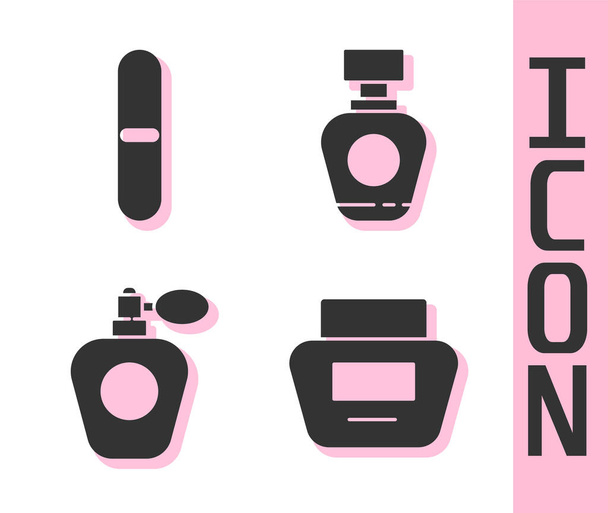 Set Crema o loción tubo cosmético, lima de uñas, perfume y perfume icono. Vector. - Vector, Imagen