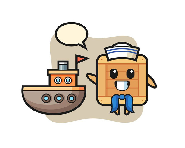 Mascotte de personnage de boîte en bois comme un homme marin, design de style mignon pour t-shirt, autocollant, élément de logo - Vecteur, image