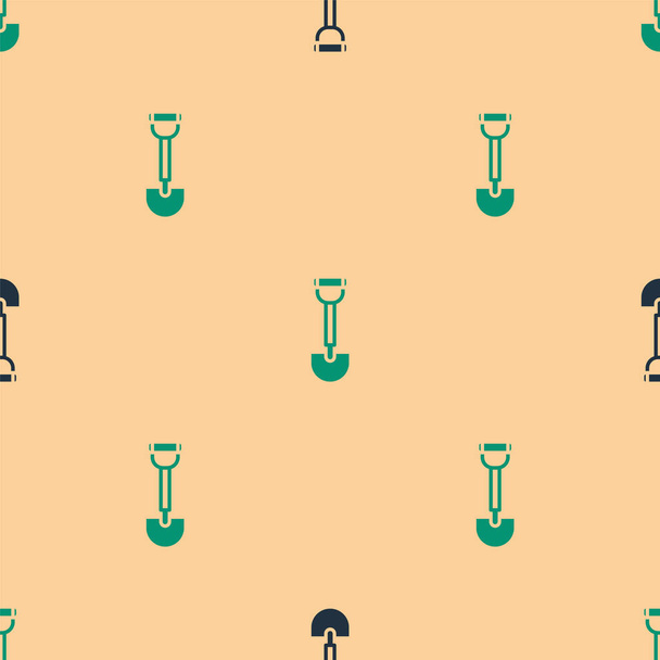 Green and black Sapper shovel for soldiers icon isolated seamless pattern on beige background.  Vector. - Vector, Image