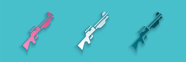 Paper cut Hunting gun icon isolated on blue background. Hunting shotgun. Paper art style. Vector. - Vector, Image