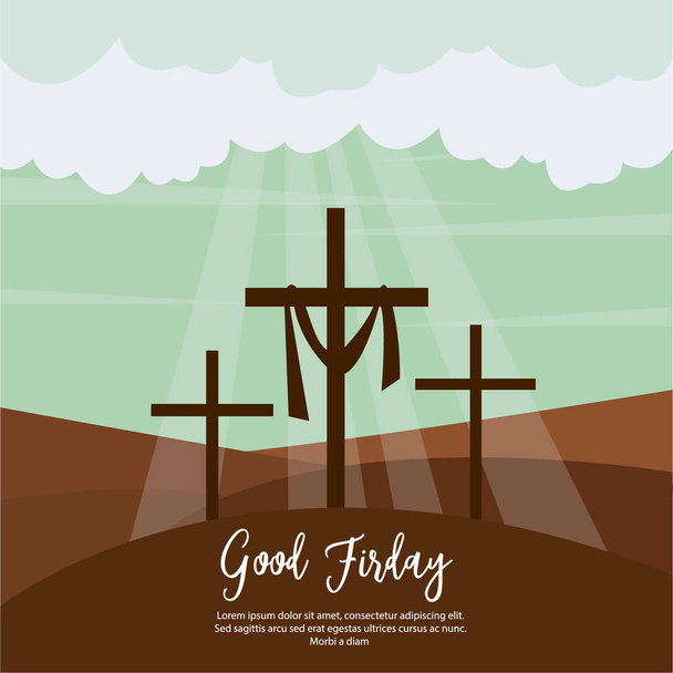 Tres cruces de Jesucristo en la colina del Gólgota con el efecto de los rayos del sol desde arriba. cartel del Viernes Santo - Vector, imagen