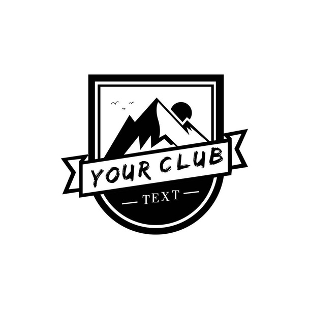 Berge Abenteuer Logo Emblem Vektor Illustration. Abenteuerexpedition im Freien, Silhouette der Berge, mit dem Namen Ihres Clubs - Vektor, Bild