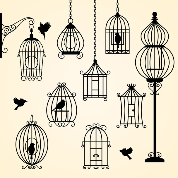 σύνολο κλουβιά πουλιών vintage - Διάνυσμα, εικόνα