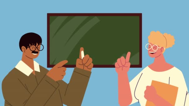καθηγητές ζευγάρι με χαρακτήρες chalkboard - Πλάνα, βίντεο