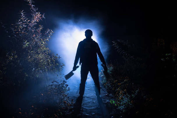 Silhouette eines Mörders mit Messer, der im dunklen Wald mit Licht steht. Horror-Halloween-Konzept. Seltsame Silhouette in einem dunklen Gruselwald bei Nacht - Foto, Bild