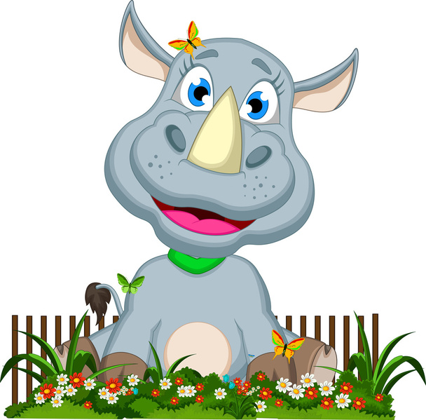 schattig rhino cartoon zittend op bloementuin - Vector, afbeelding