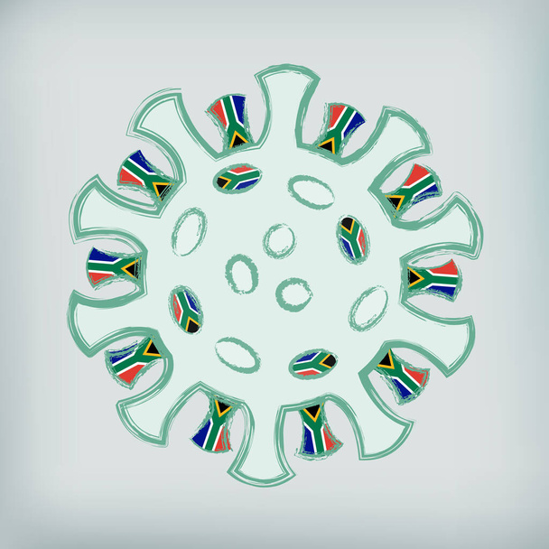 SARS-CoV-2 koronavirus s jihoafrickou vlajkou v hrotech. Ilustrace pandemie Covid-19 v Jižní Africe. Symbol pro linie B.1.351, také známý jako jihoafrická varianta nebo 501Y.V2. Kresba viru zeleně na pozadí šedého přechodu. - Vektor, obrázek