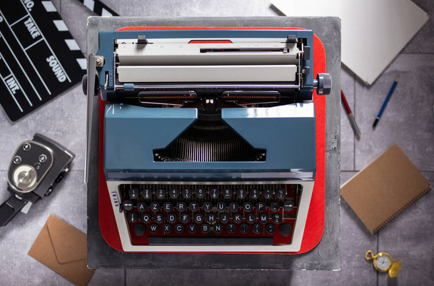 Vintage typewriter at table and relax creative concept design. Movie and screenwriter or writer concept - 写真・画像