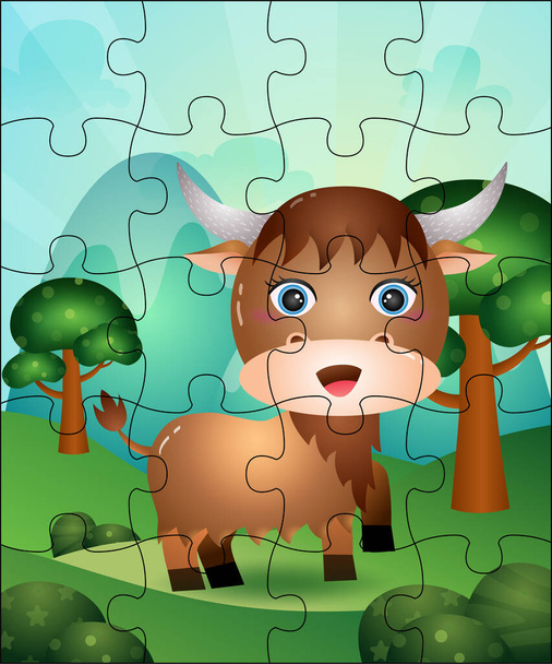 Puzzle játék illusztráció gyerekeknek aranyos bivaly - Vektor, kép