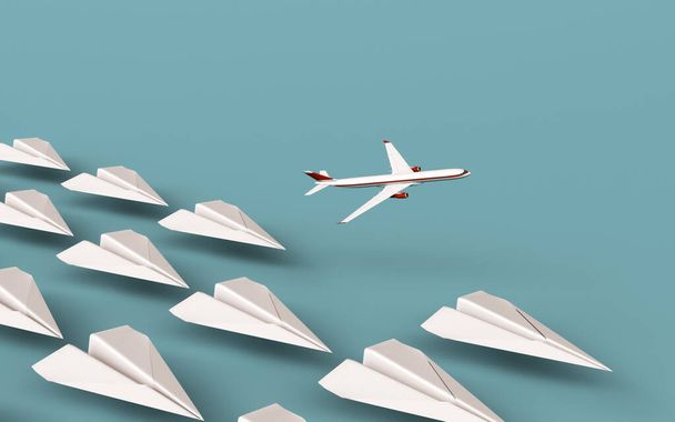 Aviones de papel en línea con un avión real despegando. Piensa en un concepto diferente. Esta es una ilustración de renderizado 3d . - Foto, Imagen