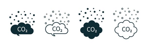 Nube de CO2. Icono de la contaminación por carbono. Emisión de gas en el aire. Escape de emisiones, smog en el medio ambiente. Reducir c02 de fábrica, coche y planta. Símbolo de invernadero, humo, química y humos. Vector. - Vector, imagen