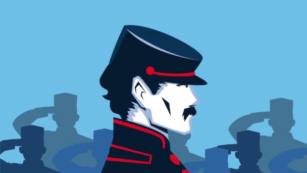 Gelukkige herdenkingsdag animatie met oude soldaat en soldaten silhouetten - Video