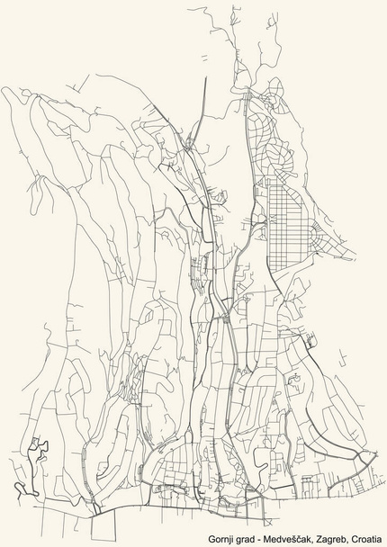 Черный простой подробная карта улиц на винтажном бежевом фоне квартала Горни Град Медвик района Загреб, Хорватия - Вектор,изображение