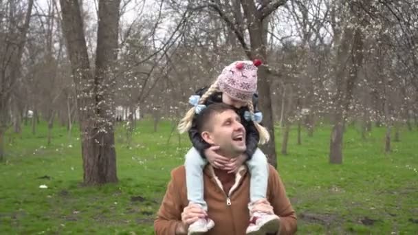 Father and daughter are walking in the park. The daughter sits on her fathers shoulders, a happy family - Footage, Video