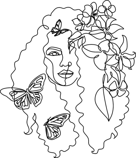 蝶と女性の顔。蝶とラインアート女性の手。1本の線画で蝶の抽象的な顔。ポートレートミニマルなスタイル。植物プリント。化粧品の自然シンボル.  - ベクター画像