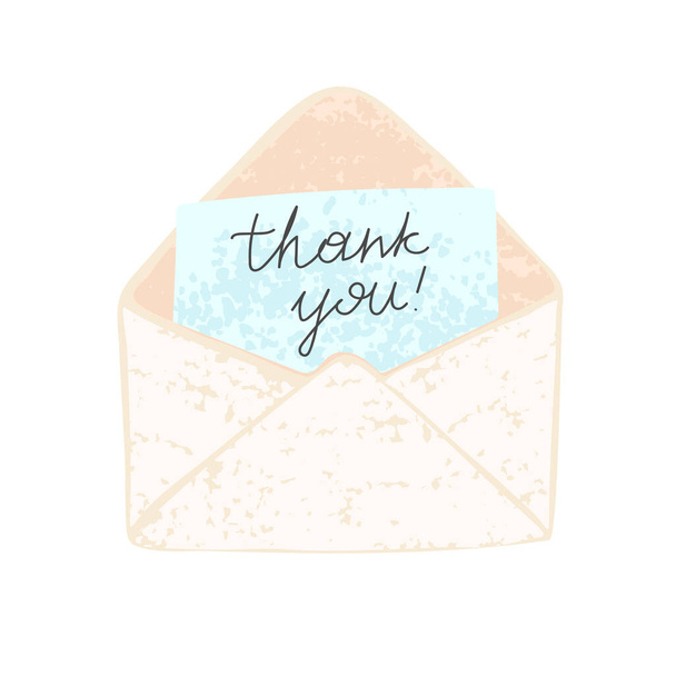 Illustration of an open envelope with paper on which is written thank you - Vector, Image