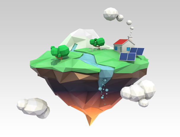 Isla flotante de poli baja 3D para el concepto de ecología
 - Foto, Imagen