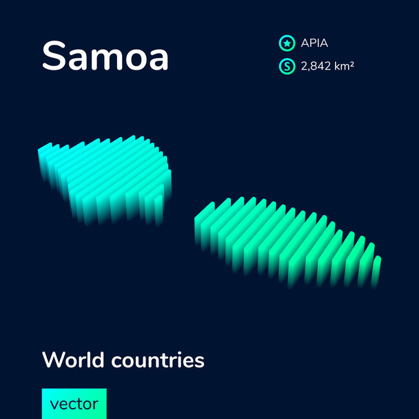 Stilisierte neon digital isometrisch gestreifte einfache Vektorkarte von Samoa, mit 3D-Effekt. Samoa-Karte in grün und mint auf dunkelblauem Hintergrund - Vektor, Bild