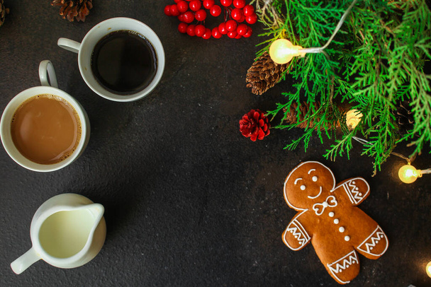 cups with tea and coffee, christmas background top view - Zdjęcie, obraz