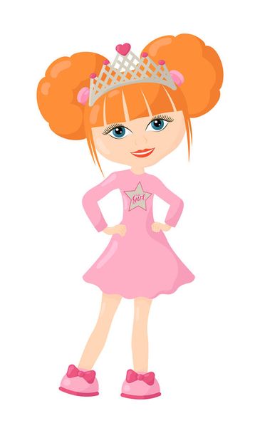 Divertido linda niña Polina con corona, pelo naranja y vestido rosa. Ilustración vectorial aislada de color en diseño plano con sombras - Vector, Imagen