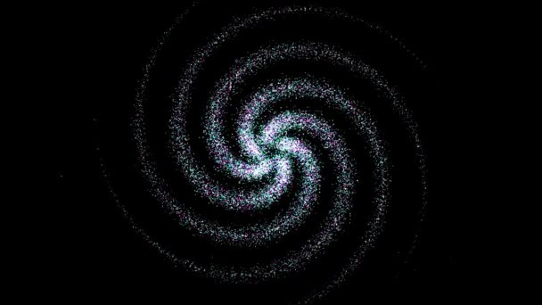 Parlayan parçacıklardan oluşan hareketli spiral. Animasyon. Ortasında küre oluşturan canlı parçacık sarmalı. Spiral siyah arkaplandaki parçacık küresine dönüşür - Video, Çekim