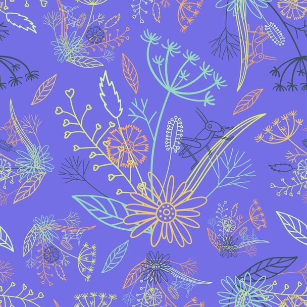 Διάνυσμα απρόσκοπτη μοτίβο πολύχρωμο σχεδιασμό αφηρημένη επένδυση λουλούδια και γρασίδι σε παστέλ τόνους - Διάνυσμα, εικόνα