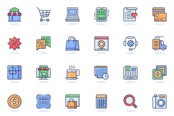 Shopping web flat line icon. Bundle outline pictogram of shop, supermarket, purchases, payment, discounts, product search, delivering concept. Vector illustration of icons pack for website design - Vector, Image