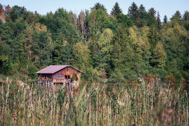 Quiet, secluded boathouse on a small pond surrounded by grass and trees. - Photo, Image